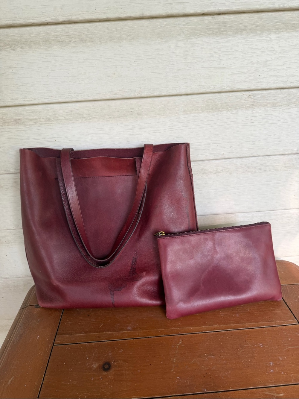 Leather Tote and Zip Pouch in Deep Burgundy